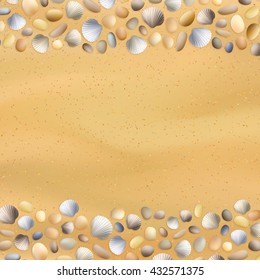 Sea stones on the sand. Shells. Vector seashore. Summer background. Ocean sand texture. Seashore illustration. Tropical seashells. Beach surface.