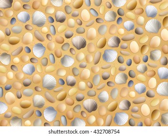 Sea stones on the sand. Shells. Vector seashore. Summer background. Ocean sand texture. Seashore illustration. Tropical seashells. Beach surface.