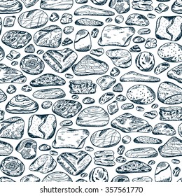Sea stones seamless pattern. Hand drawn doodle sea pebbles - vector illustration. Black and white background