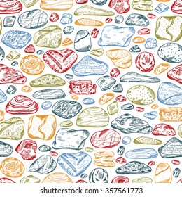 Sea stones seamless pattern. Hand drawn doodle sea pebbles - vector illustration. Colorful stones background