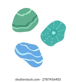 Sea stones vector illustration set. Stylized striped and spotted pebbles in green, teal, blue isolated on white background. Playful marine clipart for beach, coastal, nautical decoration and design