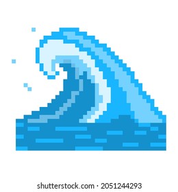 Sea Storm Pixel Wave. Oceanic Tsunami With Huge Blue Ridges And White Foam. Powerful Tidal Current With Hurricane Waves