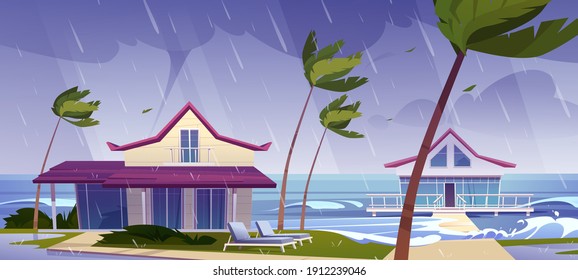 Sea storm with rain and tornado on tropical beach with bungalows and palm trees. Vector cartoon landscape of stormy ocean with waves, villas on coast, wind, hurricane