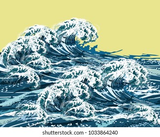 Sea storm waves. Hand drawn vector illustration, imitation of oil painting.