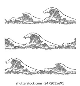 Sea stormy waves. Vintage vector engraving monochrome black illustration. Isolated on white background. Hand drawn hatching