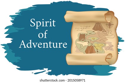 Sea story spirit of adventures and travel poster. Marine cruise and travelling advertising placard with old map with scheme of pirate treasure on sand at depth under water, pacific voyage banner