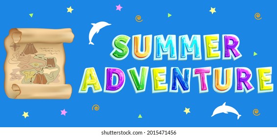 Sea story, summer adventures and travel poster. Marine cruise and travelling advertising placard with old map with scheme of pirate treasure under water, pacific voyage banner on blue background