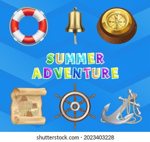 Sea story, summer adventures and travel poster. Marine cruise and travelling advertising placard with steering wheel, anchor, old map, lifebuoy, bell, vintage compass. Ocean journey, pacific voyage