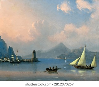 Sea strait with a lighthouse - vector illustration