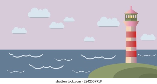  Sea striped lighthouse vector illustration. Beach sand waves pink color. Storm cloudy weather landscape with ocean sea pebbles. Resort in bay travel relaxation.