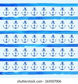 Sea style background. Anchor and  stripes. Watercolor nautical  background. 