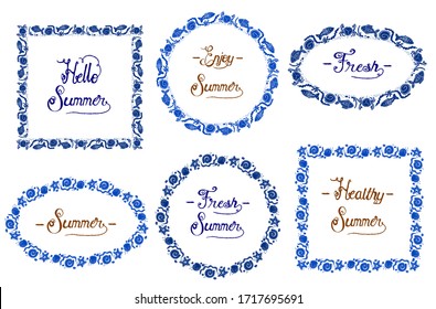 Marcos decorados con conchas, algas, pescados, cangrejos y peces estrellados. Juego de tarjetas de cotizaciones de verano.