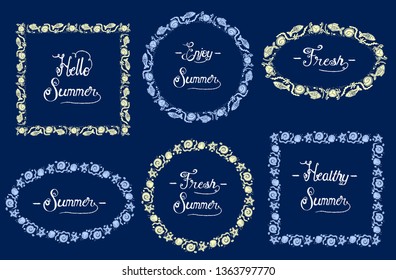 Sea style frames set - square, round and oval frames collection, decorated ocean symbols - shell, seaweed, fish, crab and starfish. Summer quote cards set.