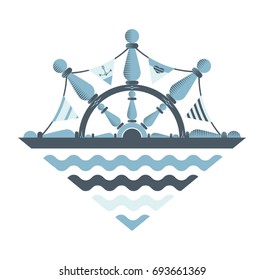 Sea style, print, sign, symbol, emblem with flags and steering wheel