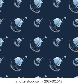 Patrón marino sin fisuras con siluetas de barco de vela azul. Fondo azul marino oscuro. Diseñado para el diseño de tejidos, impresión textil, envoltura, cubierta. Ilustración vectorial.