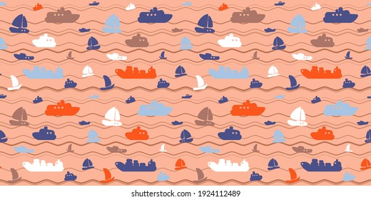 El estilo marino es fluido, con barcos, yates y olas. Antecedentes para los niños.