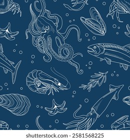 Sea style seamless pattern. Octopus, shrimp, salmon, trout, oysters, mussels, squid, crab. Vector illustration with marine elements.