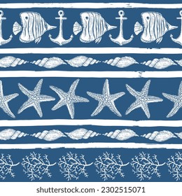 Sea style seamless pattern. Underwater creatures, starfish, coral, fish. Marine, nautical endless wallpaper, background. Hand drawn style.