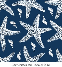 Sea style seamless pattern. Underwater creatures, starfish, sea shell. Marine, nautical endless wallpaper, background. Hand drawn style.