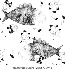 Sea style seamless pattern. Underwater creatures, starfish, sea horse, coral, fish. marine, nautical endless wallpaper, background. black and white brush strokes, scribble abstract forms.