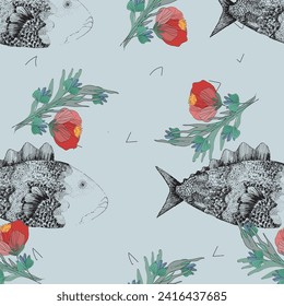 Sea style seamless pattern. Underwater creatures, starfish, sea horse, coral, fish. marine, nautical endless wallpaper, background. Colorful brush strokes, scribble abstract forms.