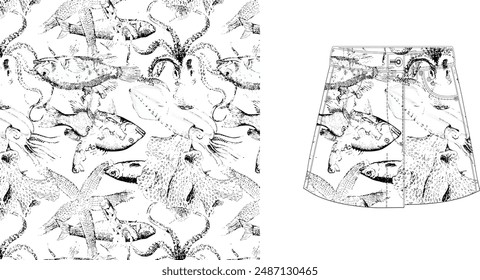 Sea style seamless pattern. Underwater creatures, starfish, sea horse, coral, fish. marine, nautical endless wallpaper, background