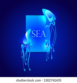 Sea style. Vector presentation. Glowing jellyfish on a blue background.