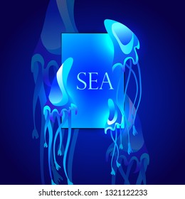 Sea style. Vector presentation. Glowing jellyfish on a blue background.