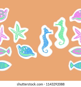 Sea  stylized motif, doodles, dashed lines, tags seamless   pattern . Hand drawn.