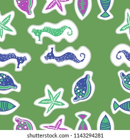 Sea  stylized motif, doodles, dashed lines, tags  seamless  pattern . Hand drawn.