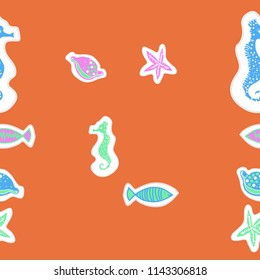 Sea  stylized motif, doodles, dashed lines, labels  seamless  pattern . Hand drawn.
