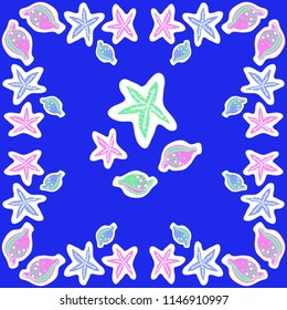 Sea  stylized motif, doodles, dashed lines, labels  pattern . Hand drawn.