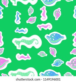 Sea  stylized motif, doodles, dashed lines, labels   seamless pattern . Hand drawn.
