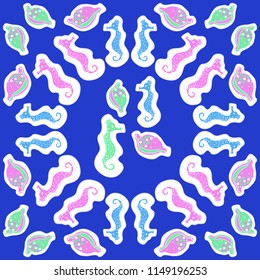 Sea  stylized motif, doodles, dashed lines, labels  pattern . Hand drawn.
