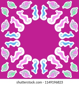Sea  stylized motif, doodles, dashed lines, labels  pattern . Hand drawn.