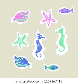 Sea  stylized motif, doodles, dashed lines, labels  pattern . Hand drawn.