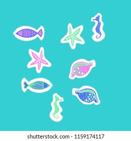 Sea  stylized motif, doodles, dashed lines, labels  pattern . Hand drawn.