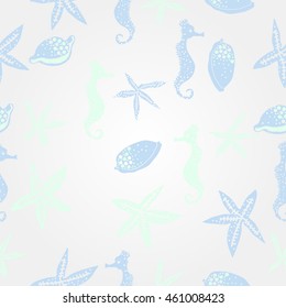 Sea  stylized motif, doodles,  spots, starfish,sea Horses,cowries, spirals, ellipses, hole,    pattern . Hand drawn.