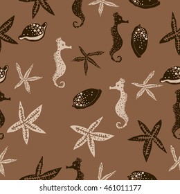 Sea  stylized motif, doodles,  spots, starfish,sea Horses,cowries, spirals, ellipses, hole,  seamless pattern . Hand drawn.