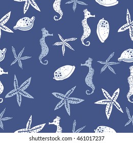 Sea  stylized motif, doodles,  spots, starfish,sea Horses,cowries, spirals, ellipses, hole,  seamless pattern . Hand drawn.