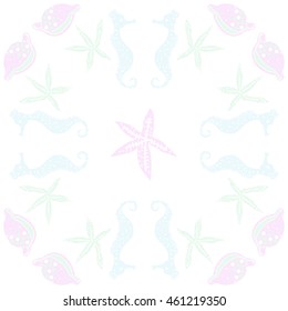 Sea  stylized motif, doodles,  spots, starfish, sea Horses, cowries, spirals, ellipses, hole,   pattern . Hand drawn.