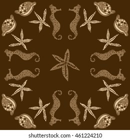 Sea  stylized motif, doodles,  spots, starfish, sea Horses, cowries, spirals, ellipses, hole,   pattern . Hand drawn.