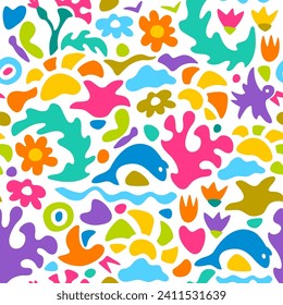 Sea summer abstract seamless pattern with ocean waves, clouds, dolphins, birds, flowers, corals, seaweeds, butterflies and sun. Minimalistic style