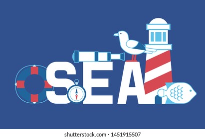 Sea summer adventure banner vector illustration. Nautical collection of things such as lighthouse, compass, spyglass, seagulls, fish and lifeline. Marine concept. Traveling cruise.
