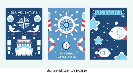 Sea summer adventure set of posters vector illustration. Nautical collection of things such as ship wheel, spyglass, lifeline, lighthouse. Sea life with fish and starfish.