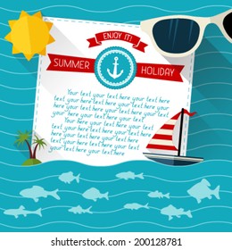 Sea summer background. Paper flat background with long shadow. There is place for your text.