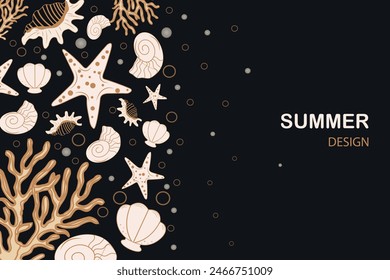 Fondo de verano de mar con conchas marinas. Diseño de Plantilla de Anuncio marino con estrellas de mar y corales sobre un fondo negro con espacio para texto. Ilustración vectorial. Concepto de vacaciones y vacaciones de verano.