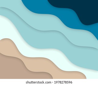 Sea and summer beach 3d paper design template. Abstract wave beach paper for decoration design. Poster, card, banner, background. Vector Illustration.