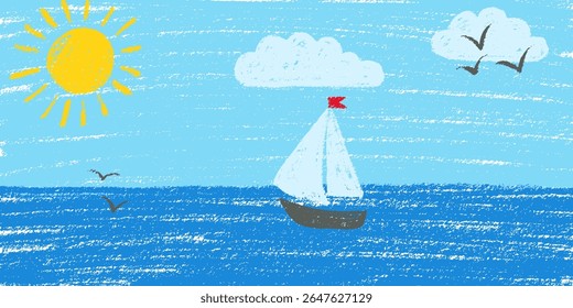 Sea summer beach landscape background. Crayon kid landscape with yacht boat. Vector ocean, yacht boat, sun, blue sky, cloud child wax pastel painting. Sea landscape crayon illustration background.
