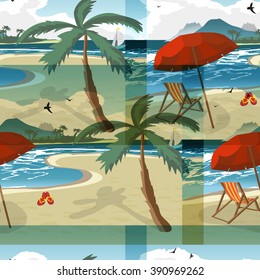 Sea summer beach, sun umbrellas, beach beds seamless pattern background. Umbrella and deskchair on a beach in summer day vacation. Vector flat textile seamless pattern
